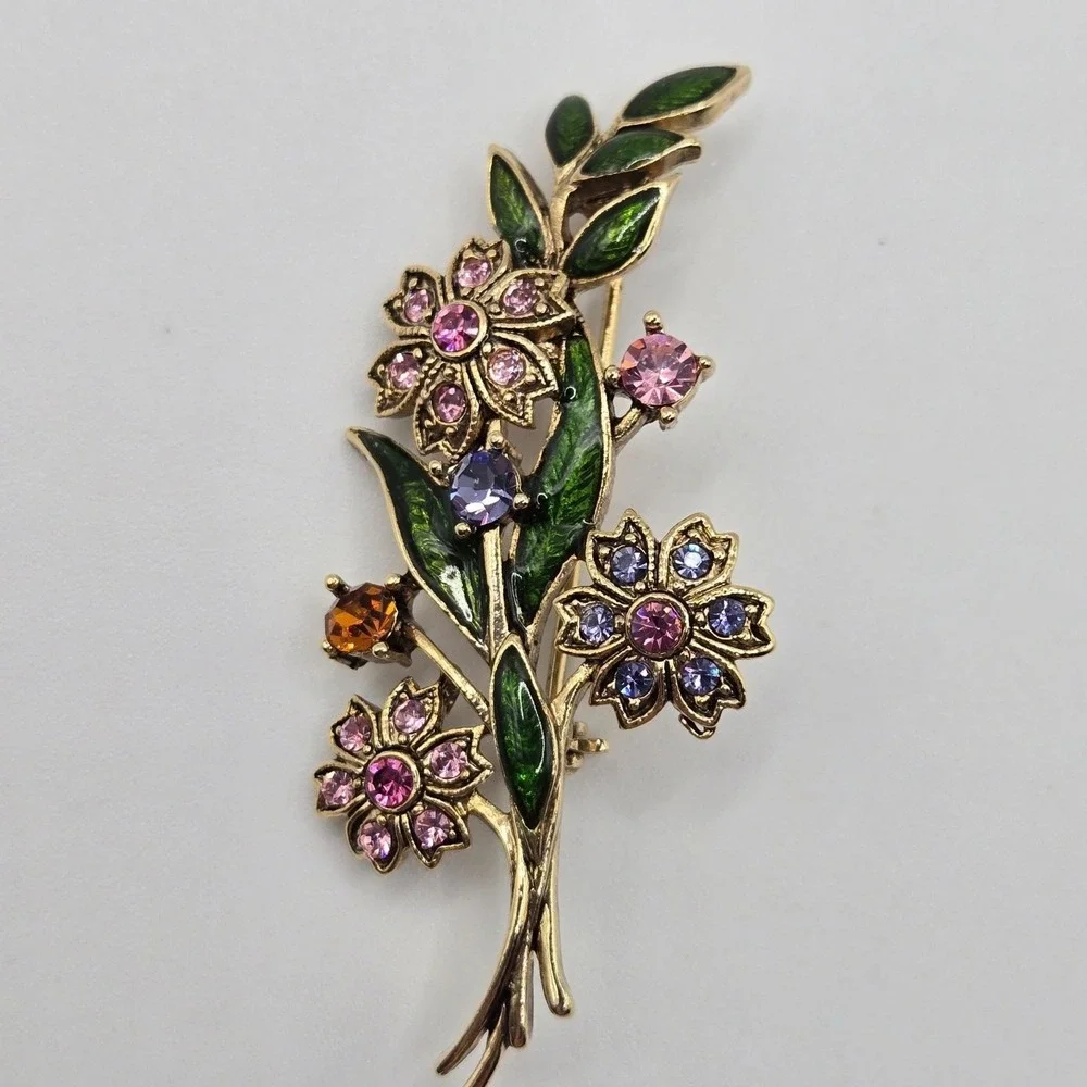Vtg‎ Floral Brooch Gold Tone Enamel Rhinestone 2.5